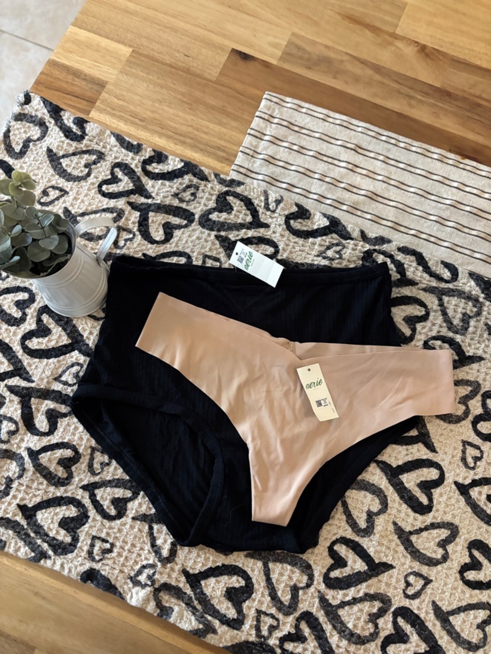 aerie Black Ribbed High-Waist Brief with Nude Thong
